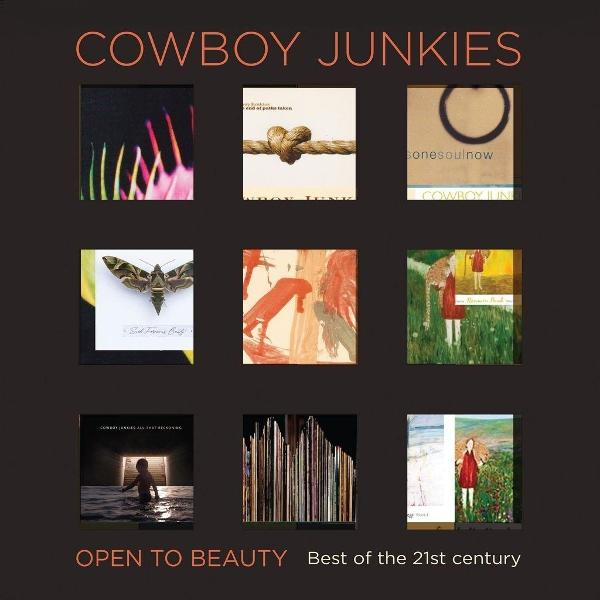 Neun Albumcover von Cowboy Junkies, darunter ein Schmetterling und ein Seil. Text: Open to Beauty.