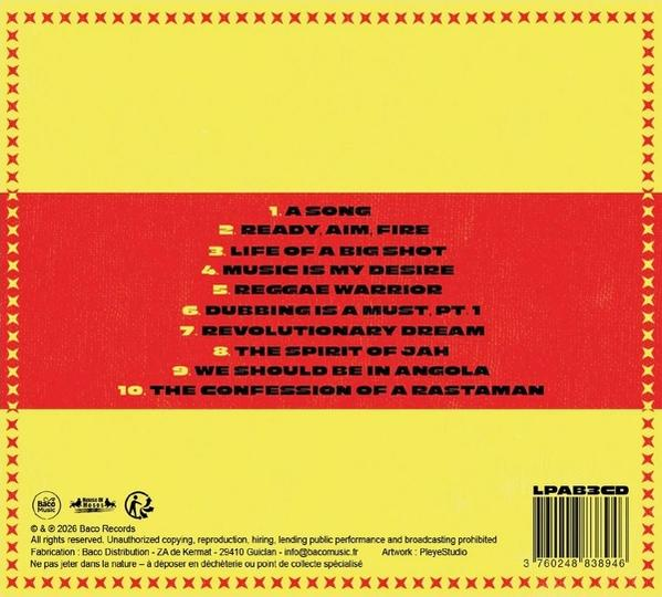 Rückseite eines Albums mit gelbem und rotem Design. Titelliste auf Rot.