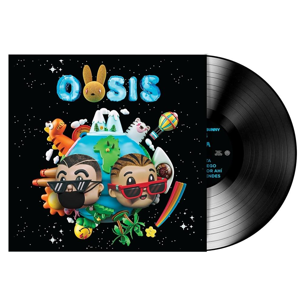 Schallplatte mit "OASIS"-Logo, zwei Cartoon-Figuren und bunten Elementen.
