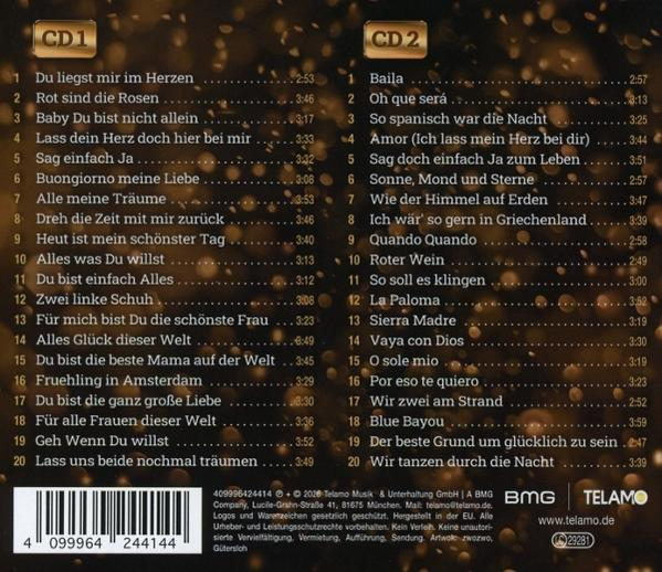 CD-Cover mit Titellisten für CD1 und CD2, mit goldenen Glitzer-Akzenten.