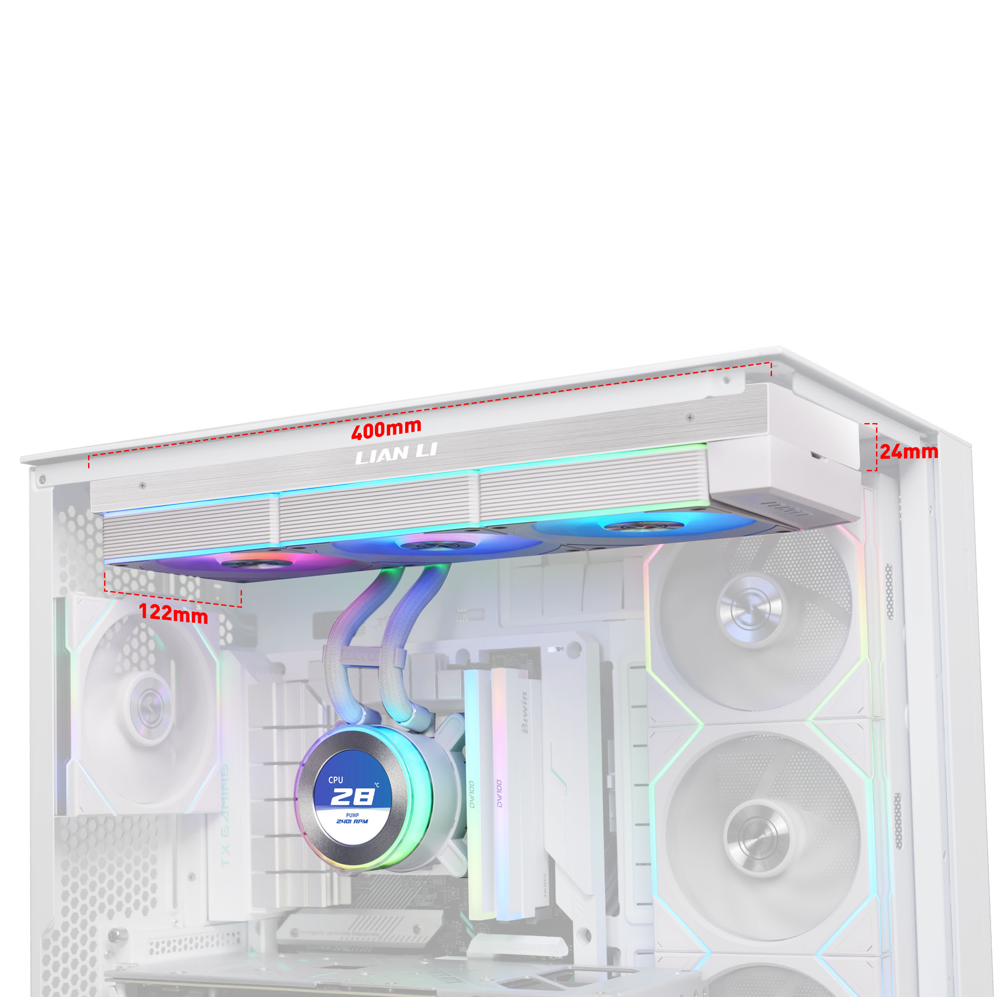 Ein weißes PC-Gehäuse mit AIO-Kühlung und RGB-Lüftern.