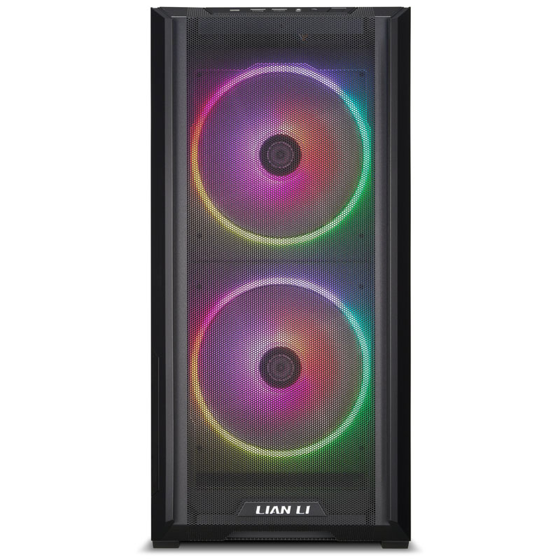 Schwarzes Computergehäuse mit zwei RGB-Lüftern und silbernem Lian Li Logo.