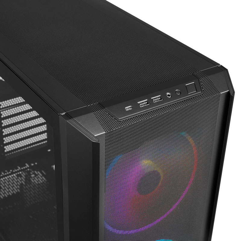 Schwarzes PC-Gehäuse mit USB-Anschlüssen und RGB-Lüfter-Beleuchtung.