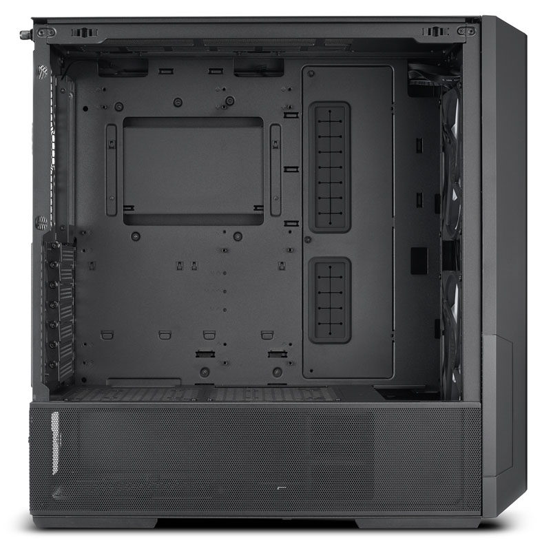 Ein schwarzes Computergehäuse mit offenem Seitenpanel, das Innenleben zeigt.