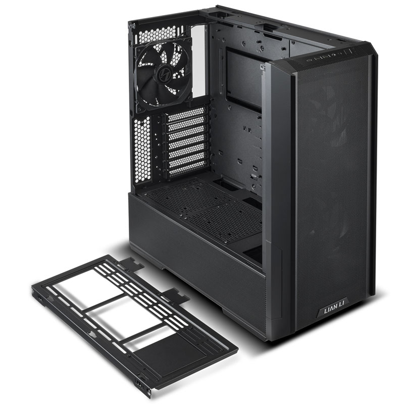 Ein schwarzes PC-Gehäuse mit Lüfter und herausnehmbarem Bodenfach.