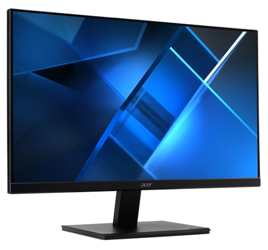 Egy fekete Acer monitor kék geometrikus absztrakt háttérképpel.