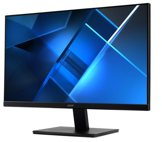 Fekete Acer monitor absztrakt kék geometrikus háttérképpel.