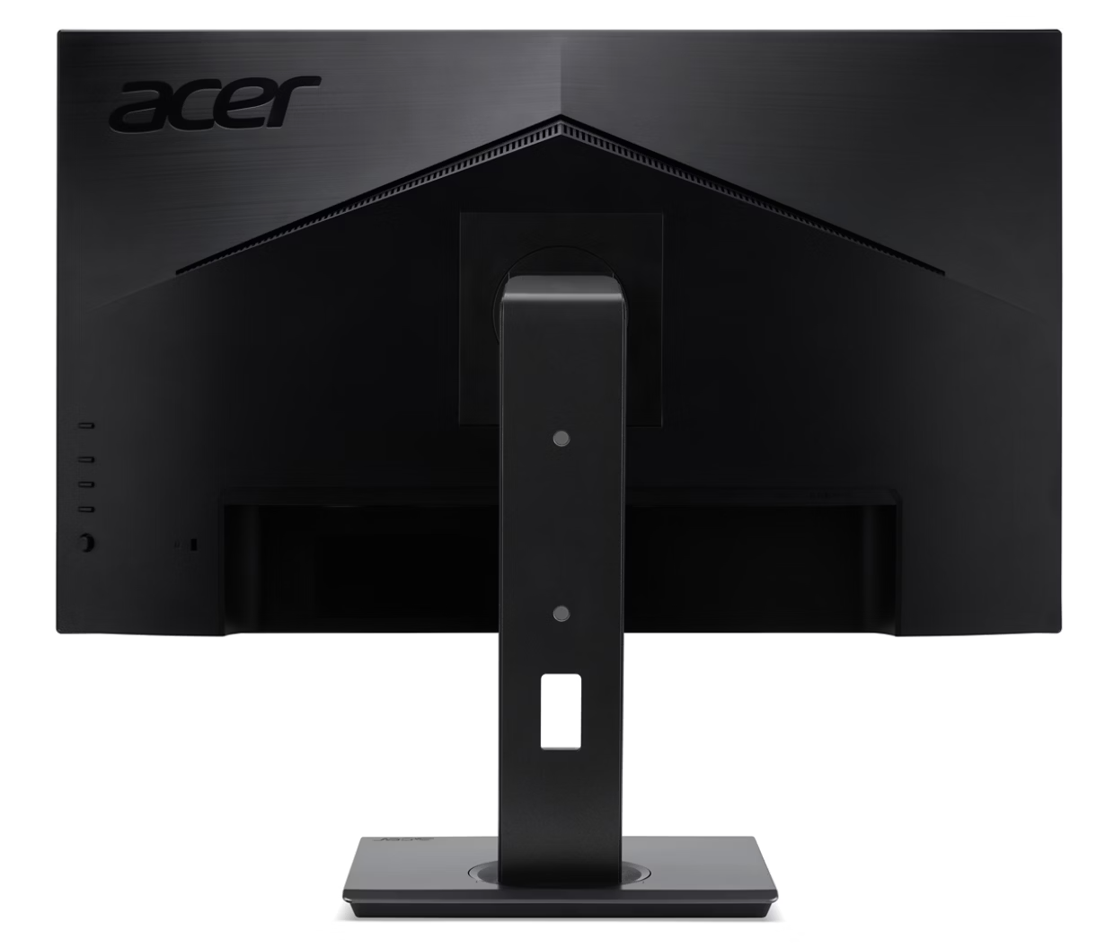 Egy fekete Acer monitor hátulja, állvánnyal és szellőzőnyílásokkal.