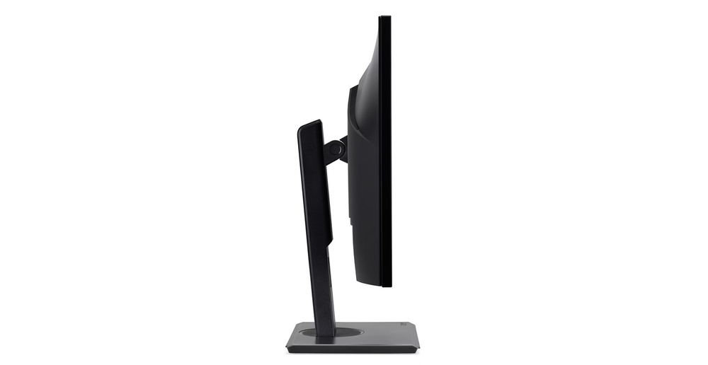 Fekete számítógép monitor oldalról fehér háttéren.
