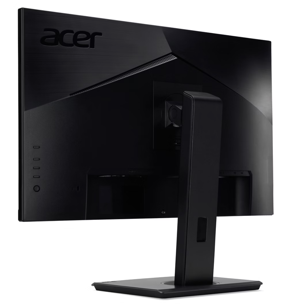 Fekete Acer monitor hátulnézete, állvánnyal és szellőzőrésekkel.
