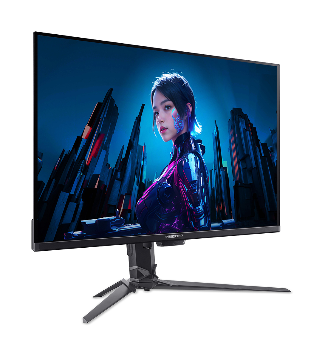 Egy gamer monitor futurisztikus lányt mutat egy városi égbolttal szemben.