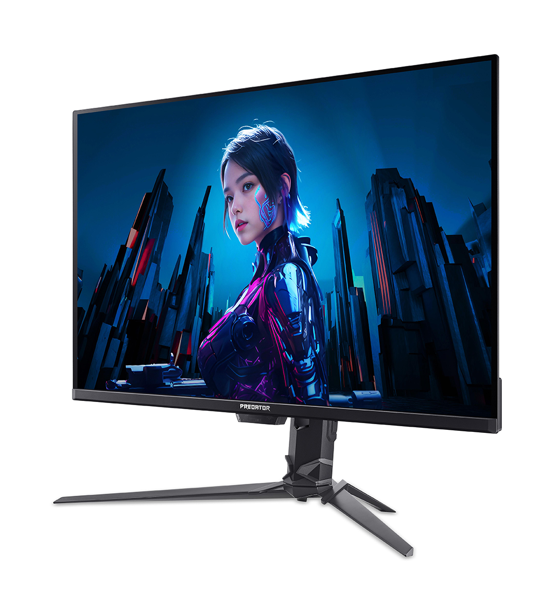 Egy gamer monitor futurisztikus, cyberpunk stílusú női karaktert jelenít meg.