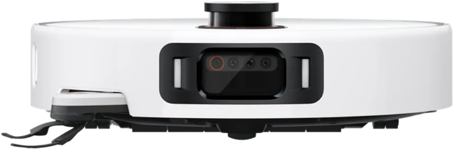 Fehér robotporszívó fekete kamera modullal és kefékkel.