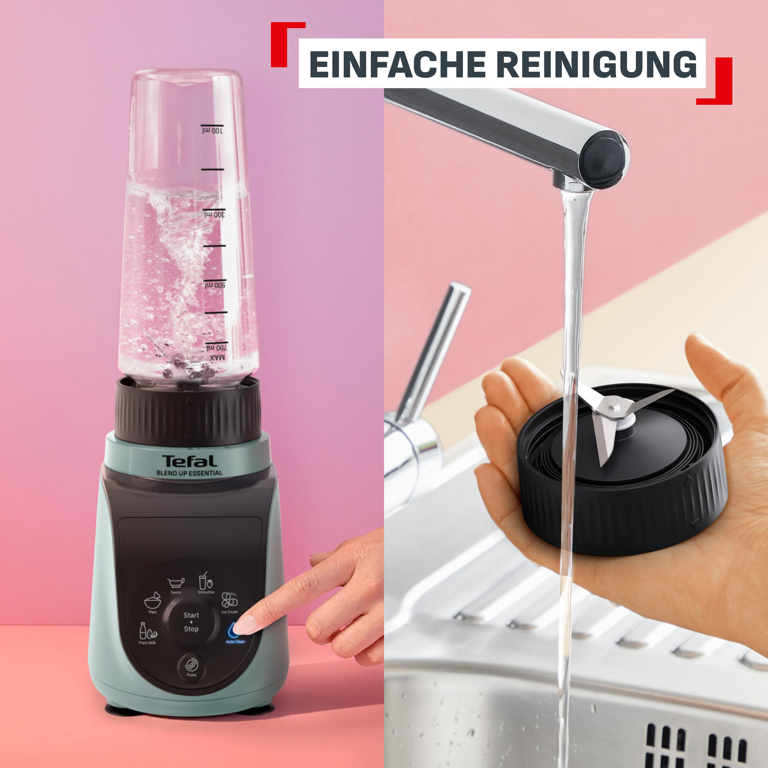 Linke Seite: Mixer mit Wasser gefüllt. Rechte Seite: Hand hält Klingen unter fließendem Wasser.