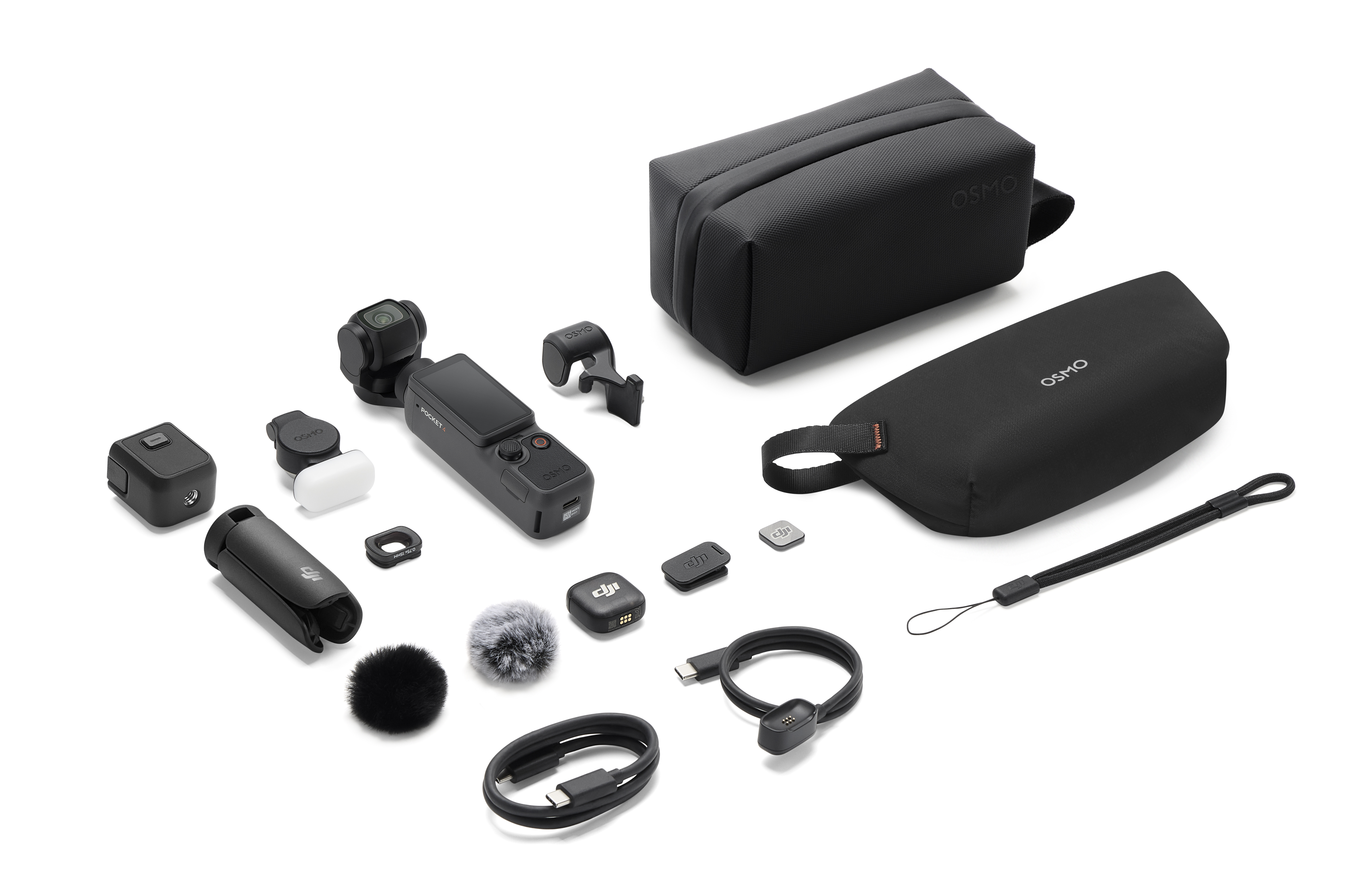 Kamera Osmo Pocket z akcesoriami: etui, mikrofon, kable i mocowanie.