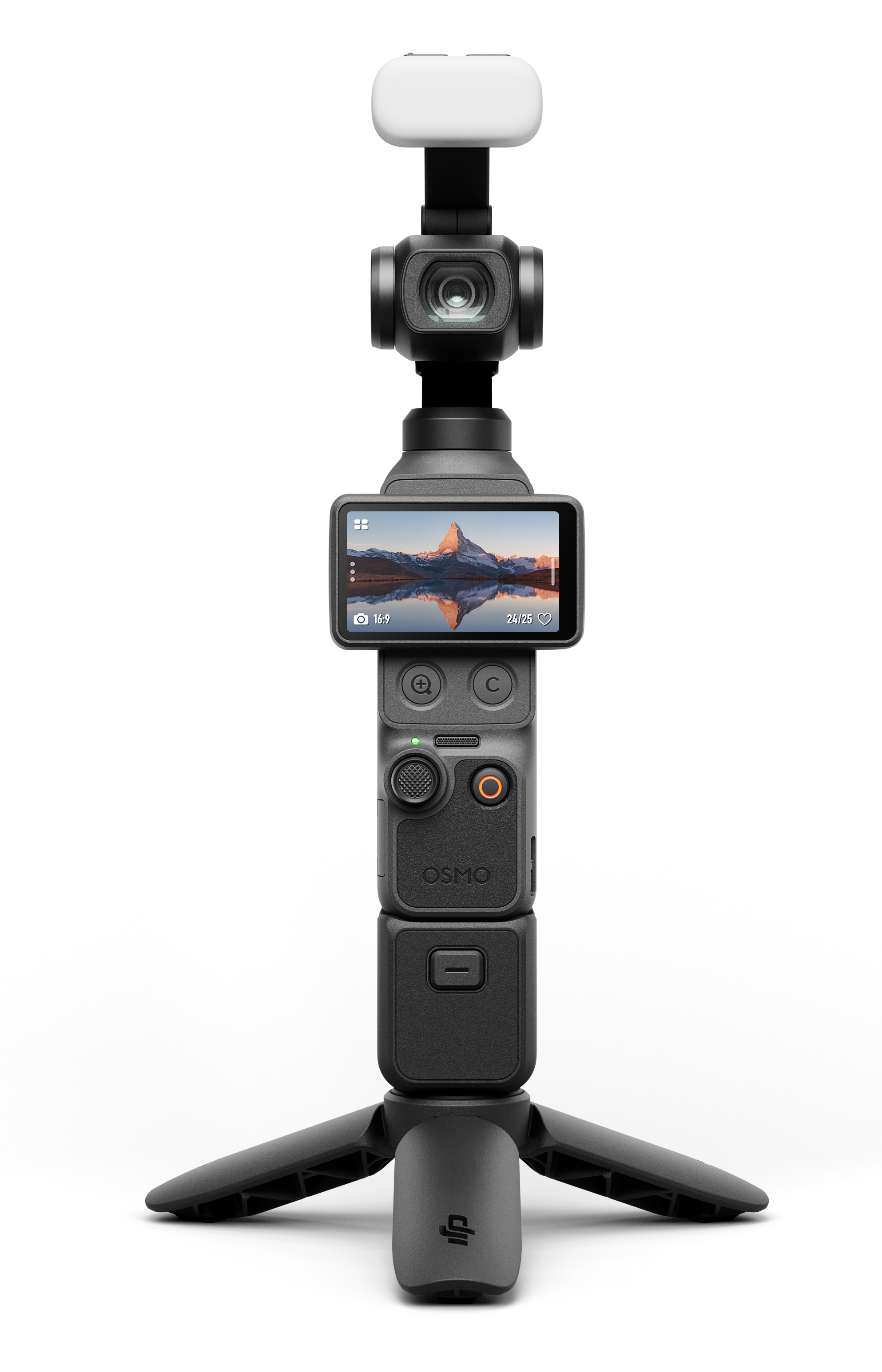 Czarny gimbal z kamerą, ekranem i statywem na czarnym tle.