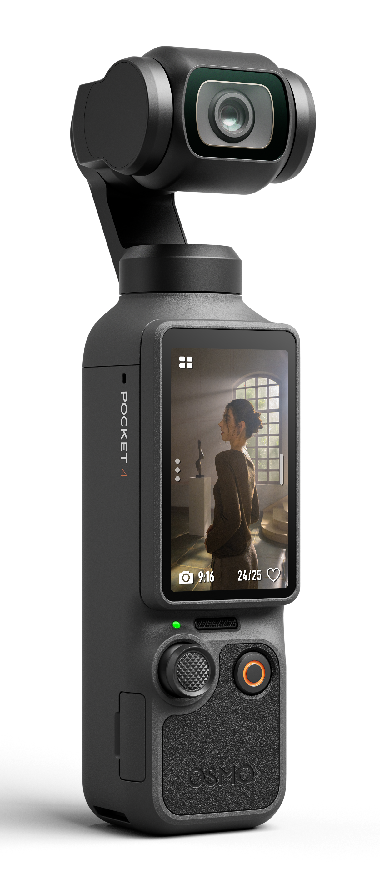 Czarny aparat DJI Osmo Pocket 4 z ekranem pokazującym kobietę. Czarno tło.