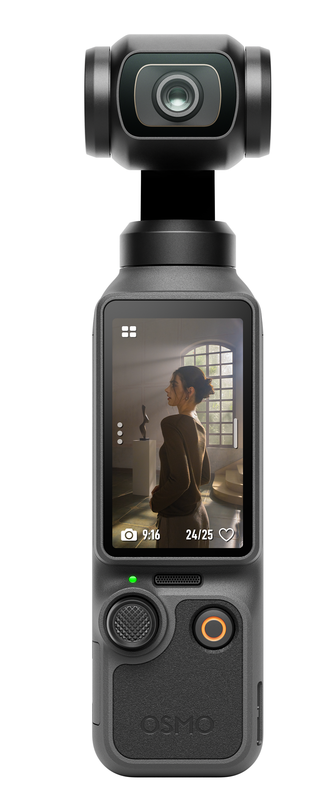 Szara kamera ręczna Osmo z ekranem pokazującym kobietę, na czarnym tle.