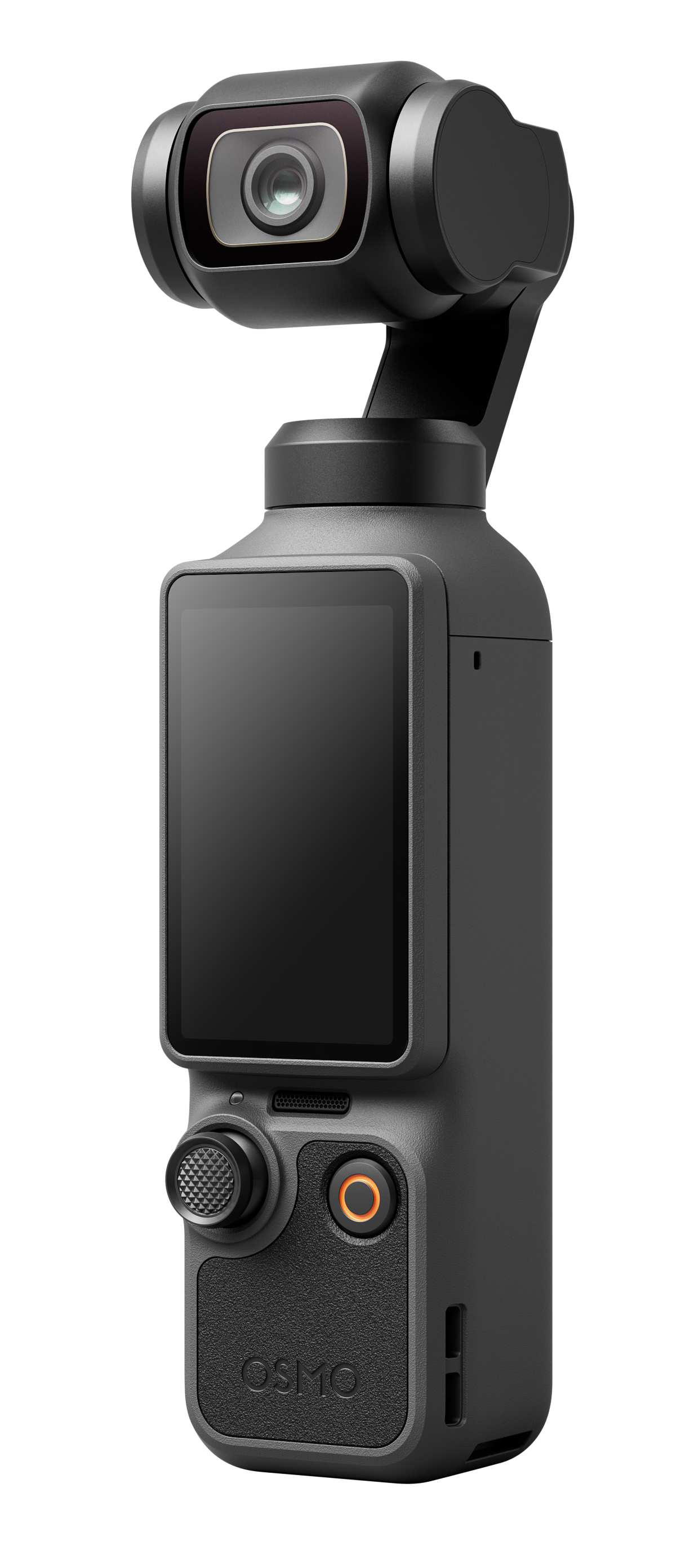 Szary gimbal z kamerą i ekranem na czarnym tle.