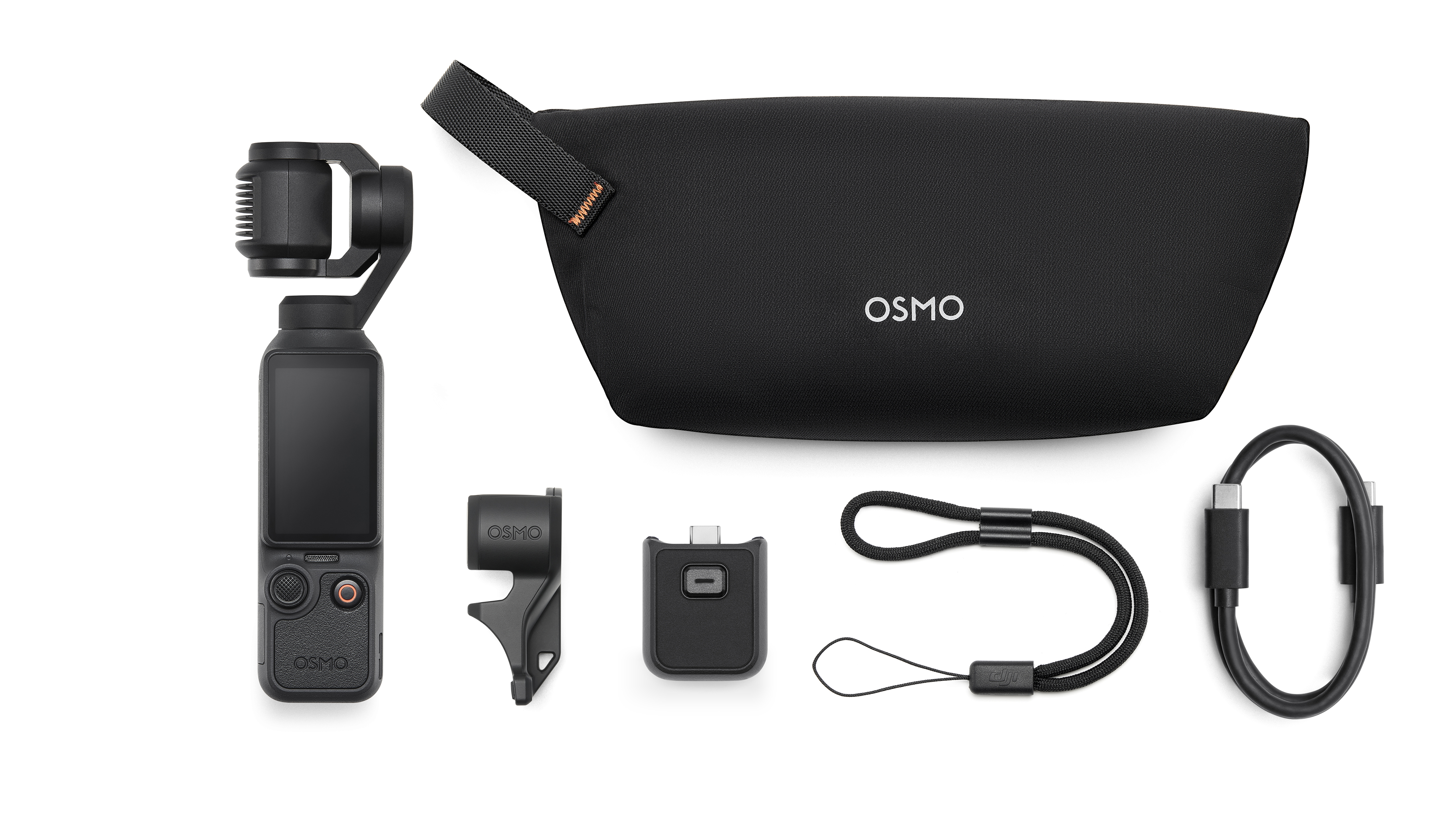 Czarny gimbal OSMO, etui, mocowanie, adapter, smycz na nadgarstek i kabel USB-C.