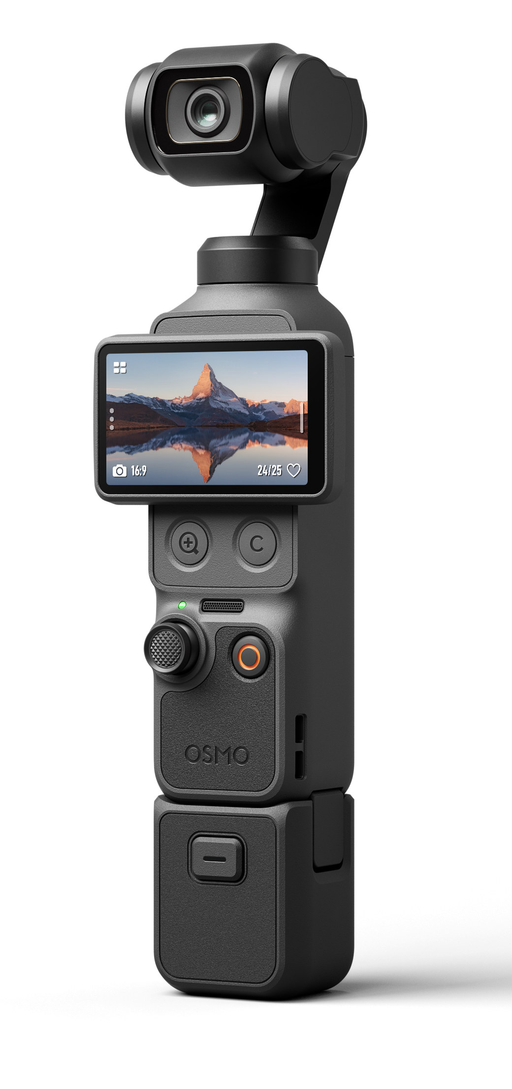 Czarny gimbal DJI Osmo Pocket z ekranem kamery pokazującym krajobraz górski.