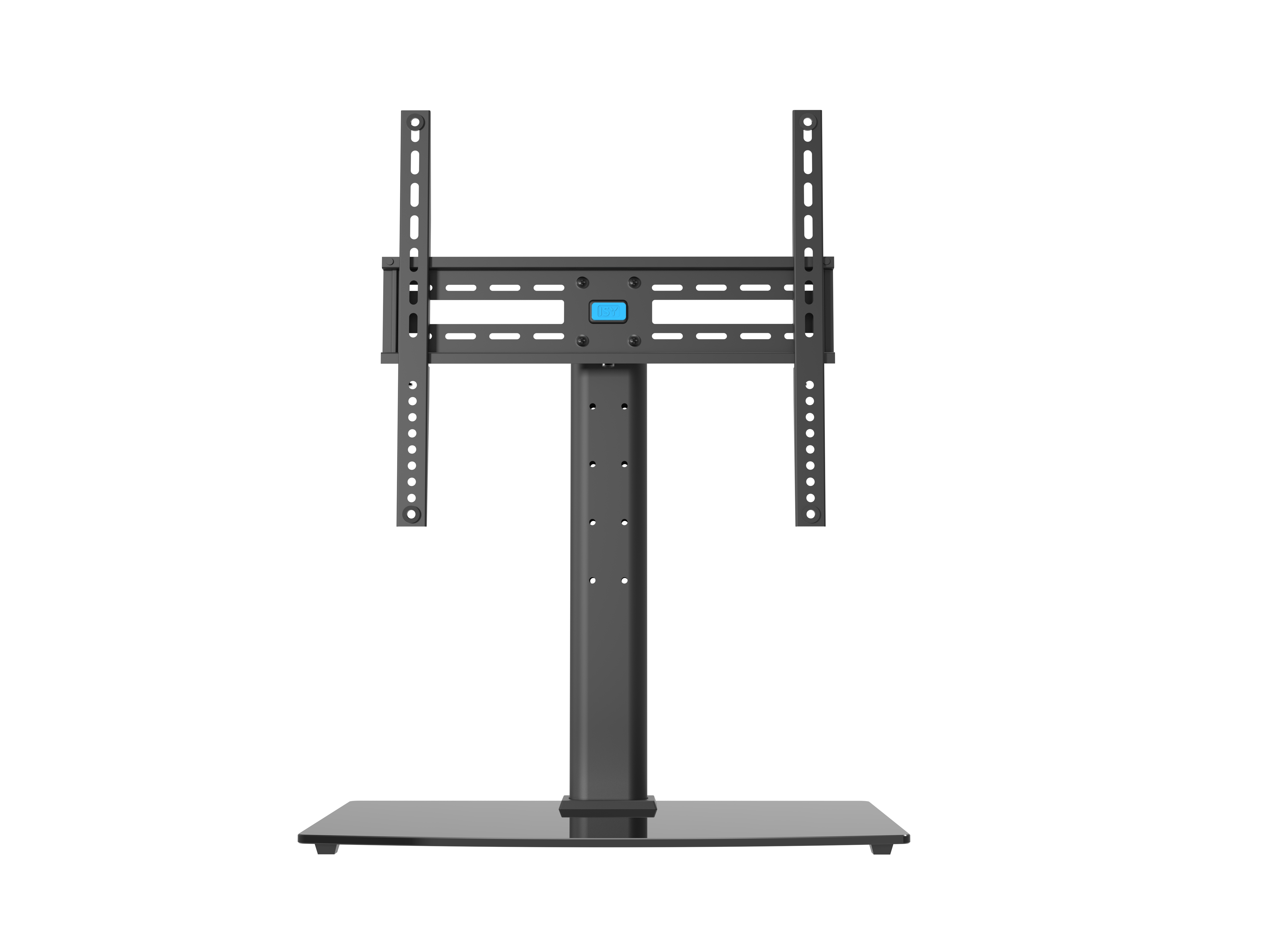 Un support TV noir avec une base en verre et des supports réglables.