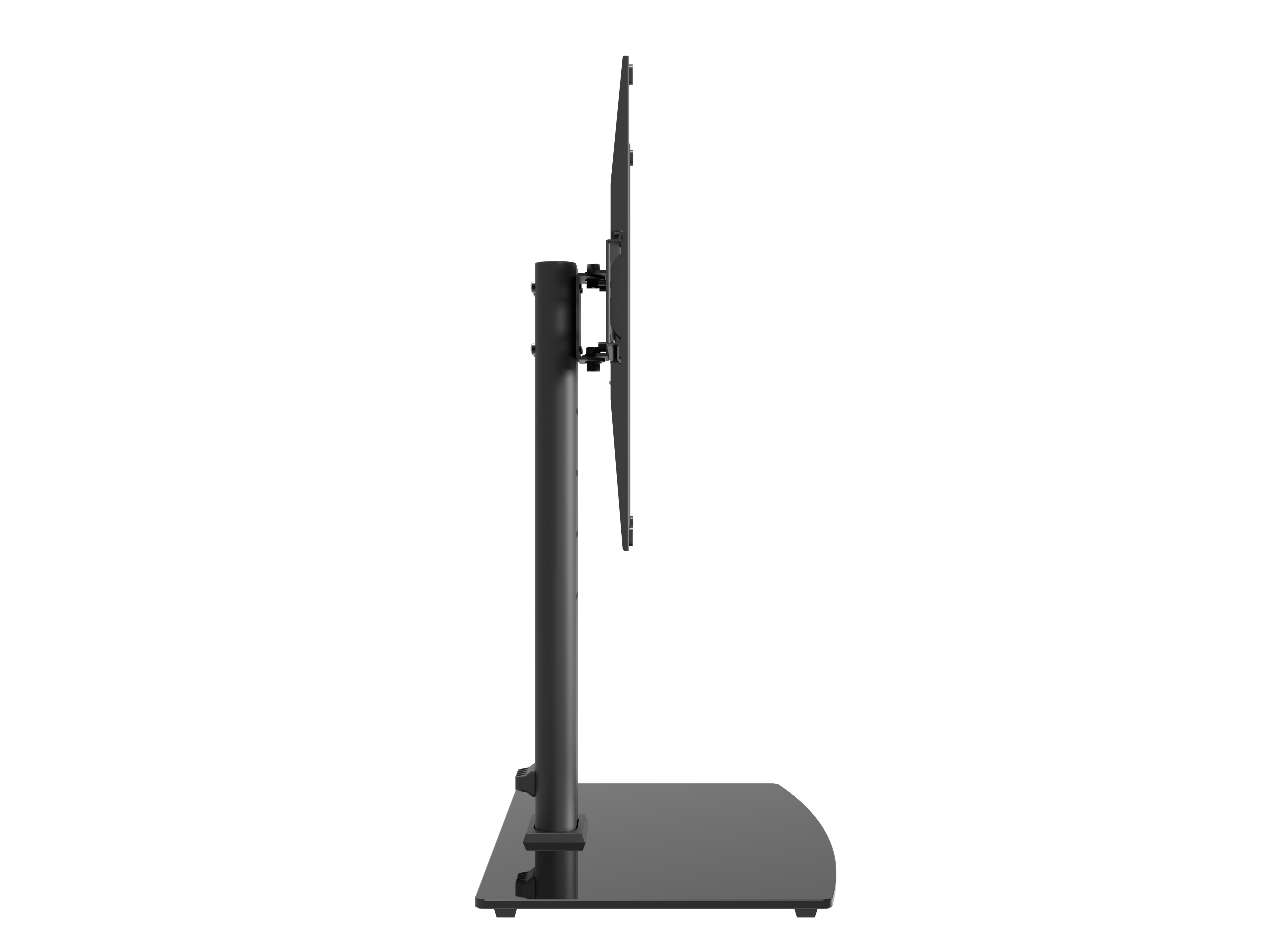 Support TV noir avec une base rectangulaire et un poteau vertical.