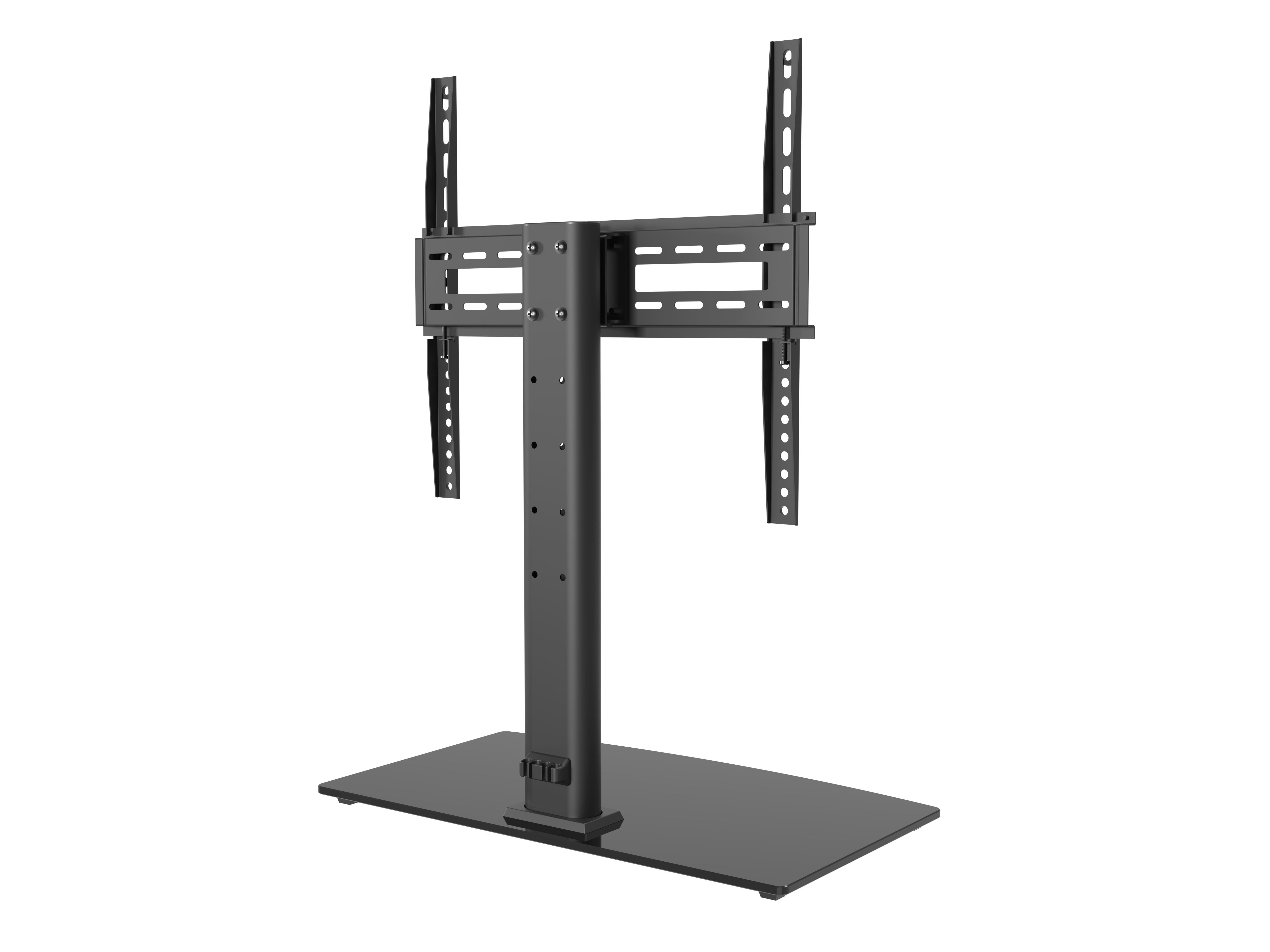Un support TV noir et réglable en hauteur pour table avec une base en verre.