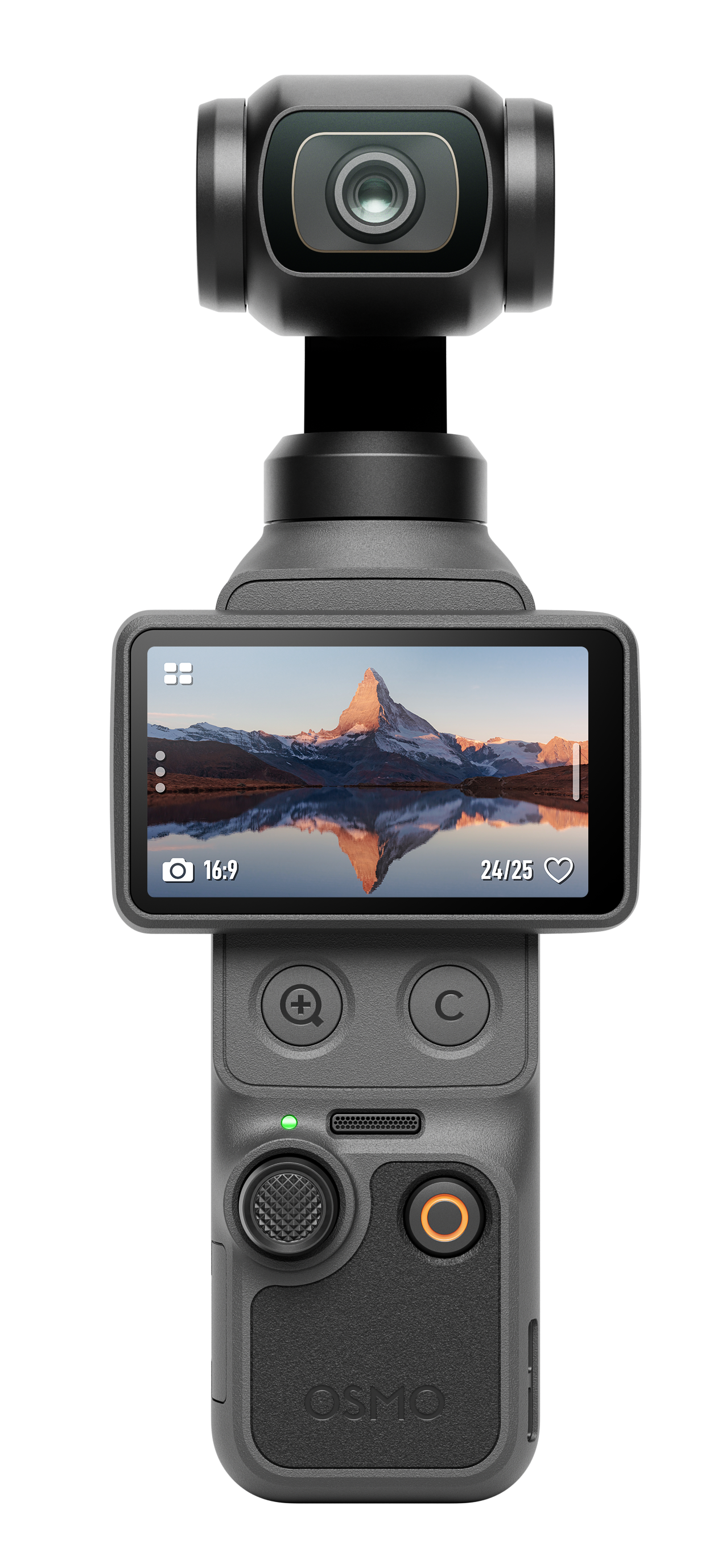 Czarny gimbal z kamerą i ekranem pokazującym górę.