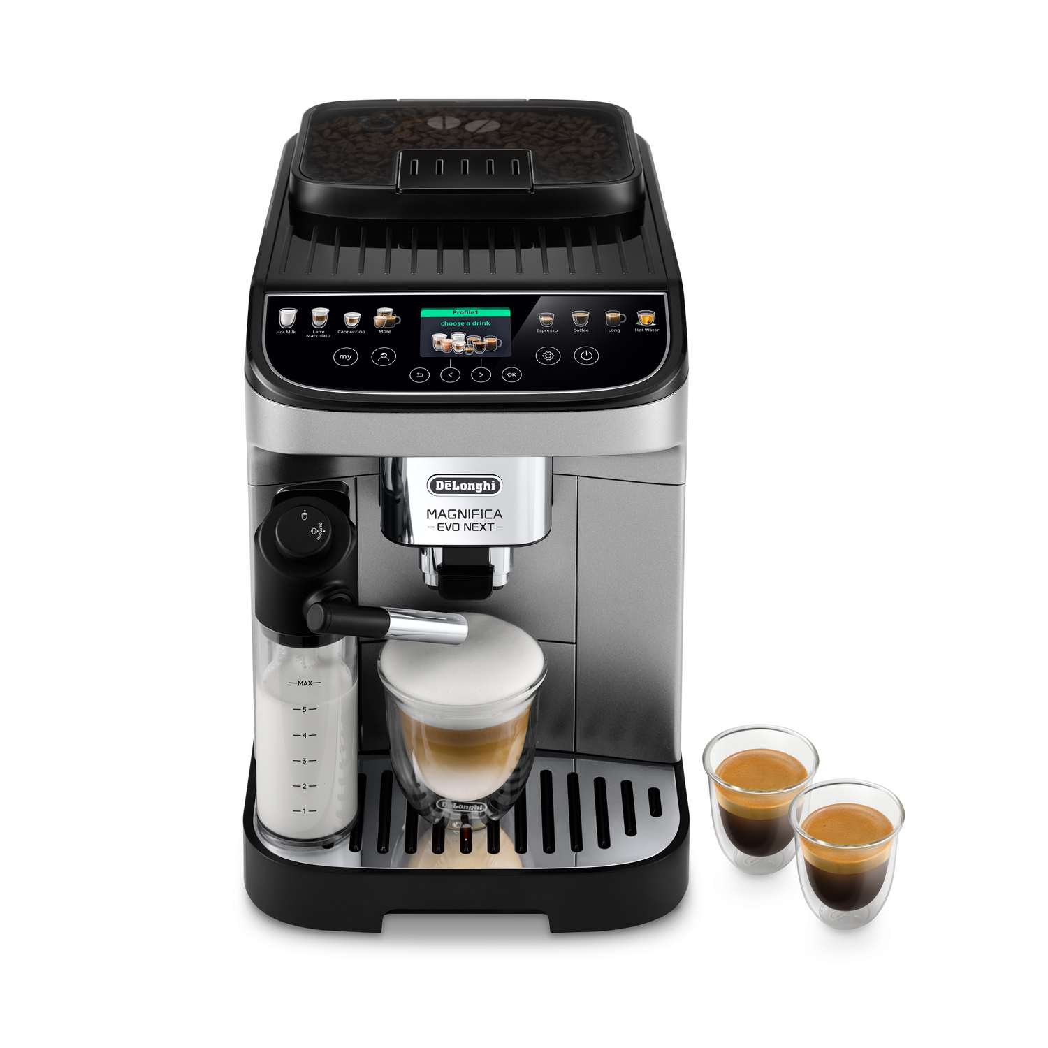 Una cafetera DeLonghi Magnifica con jarra de leche, vaso de latte y dos tazas de espresso.