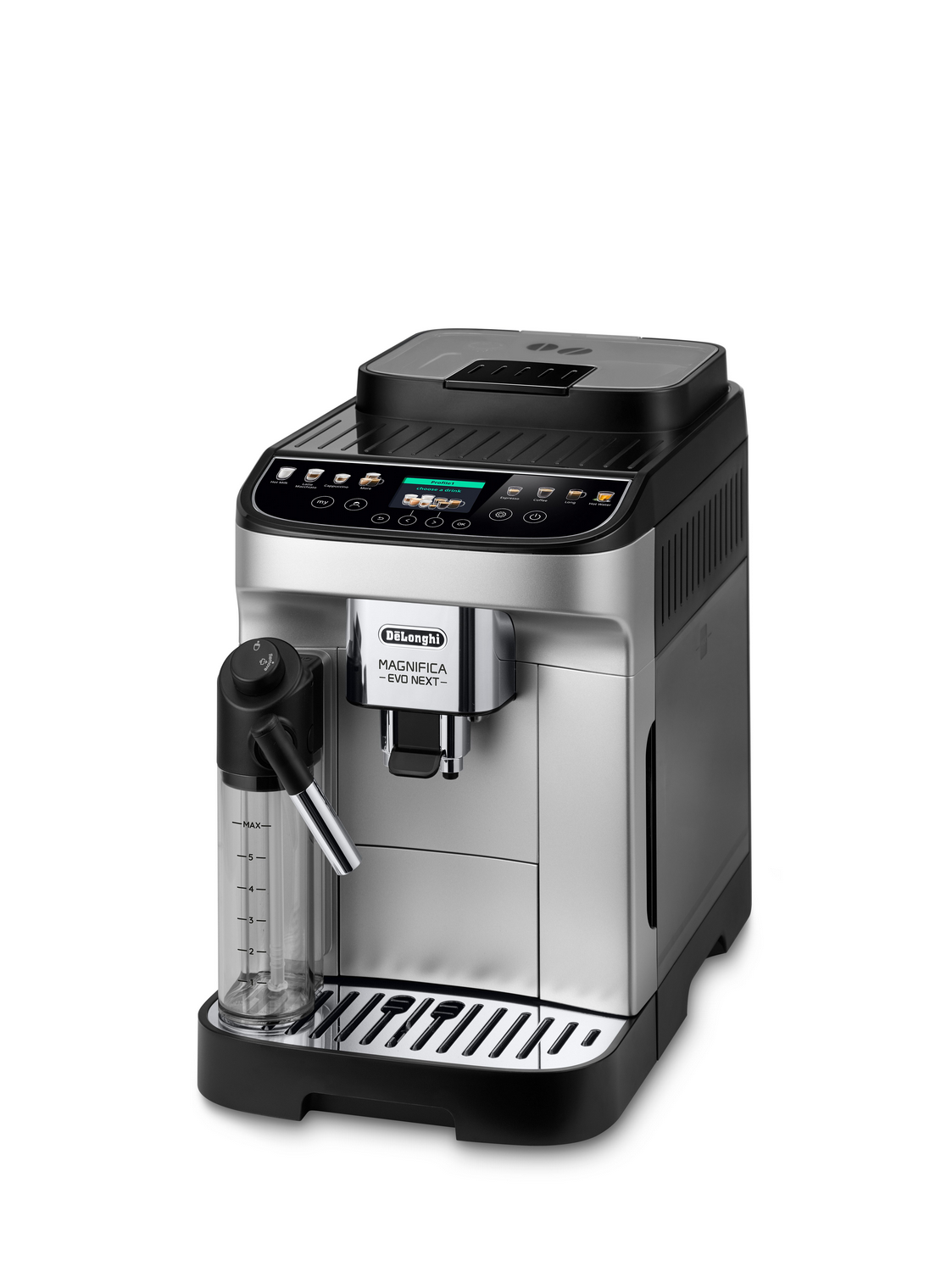Cafetera DeLonghi Magnifica plateada con detalles negros y pantalla digital.
