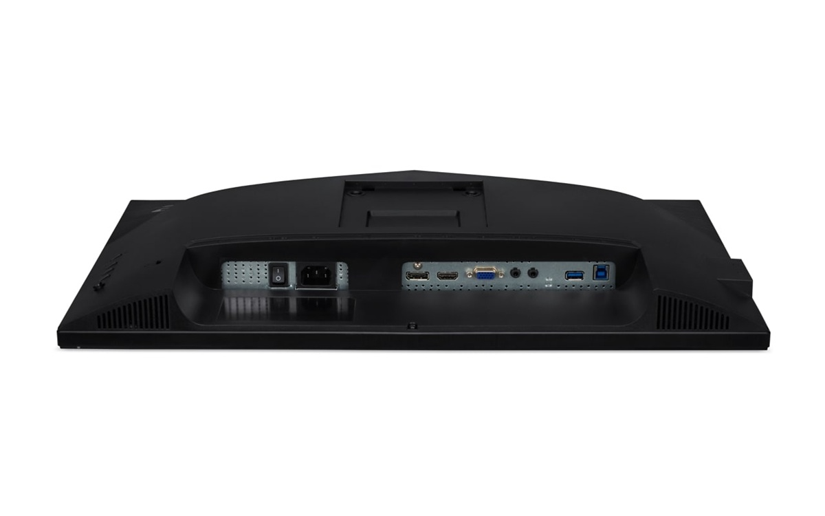 Fekete monitor hátulnézete, táp-, HDMI-, VGA-, USB-portokkal és kapcsolóval.