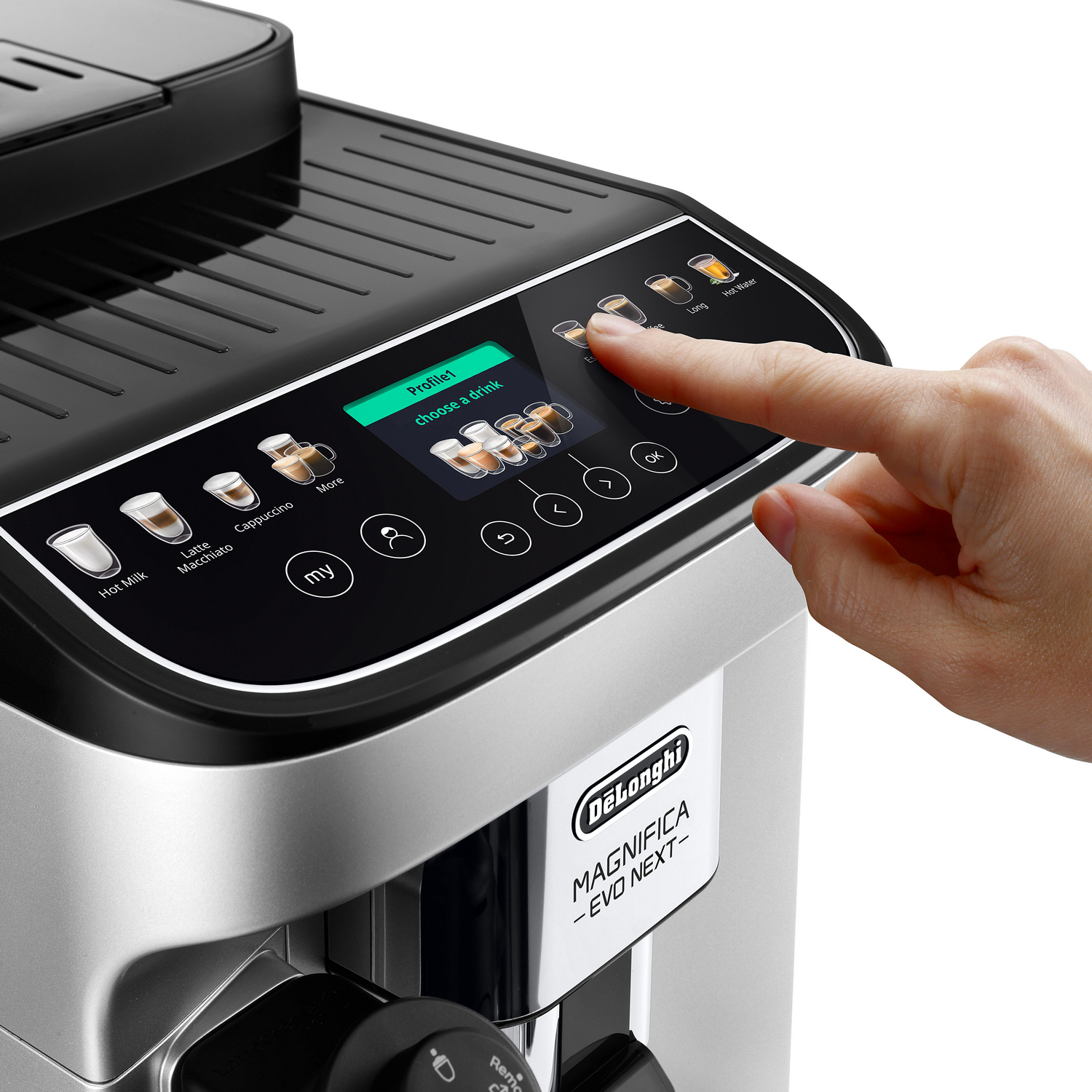 Una mano opera la pantalla táctil de una cafetera mostrando opciones de bebida.