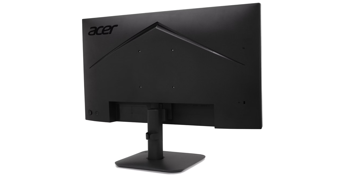 Fekete Acer monitor hátulnézete állvánnyal, fehér háttér előtt.
