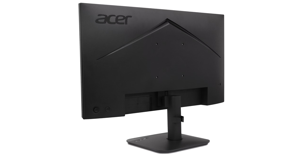 Egy fekete Acer monitor hátulnézete, állvánnyal és portokkal.