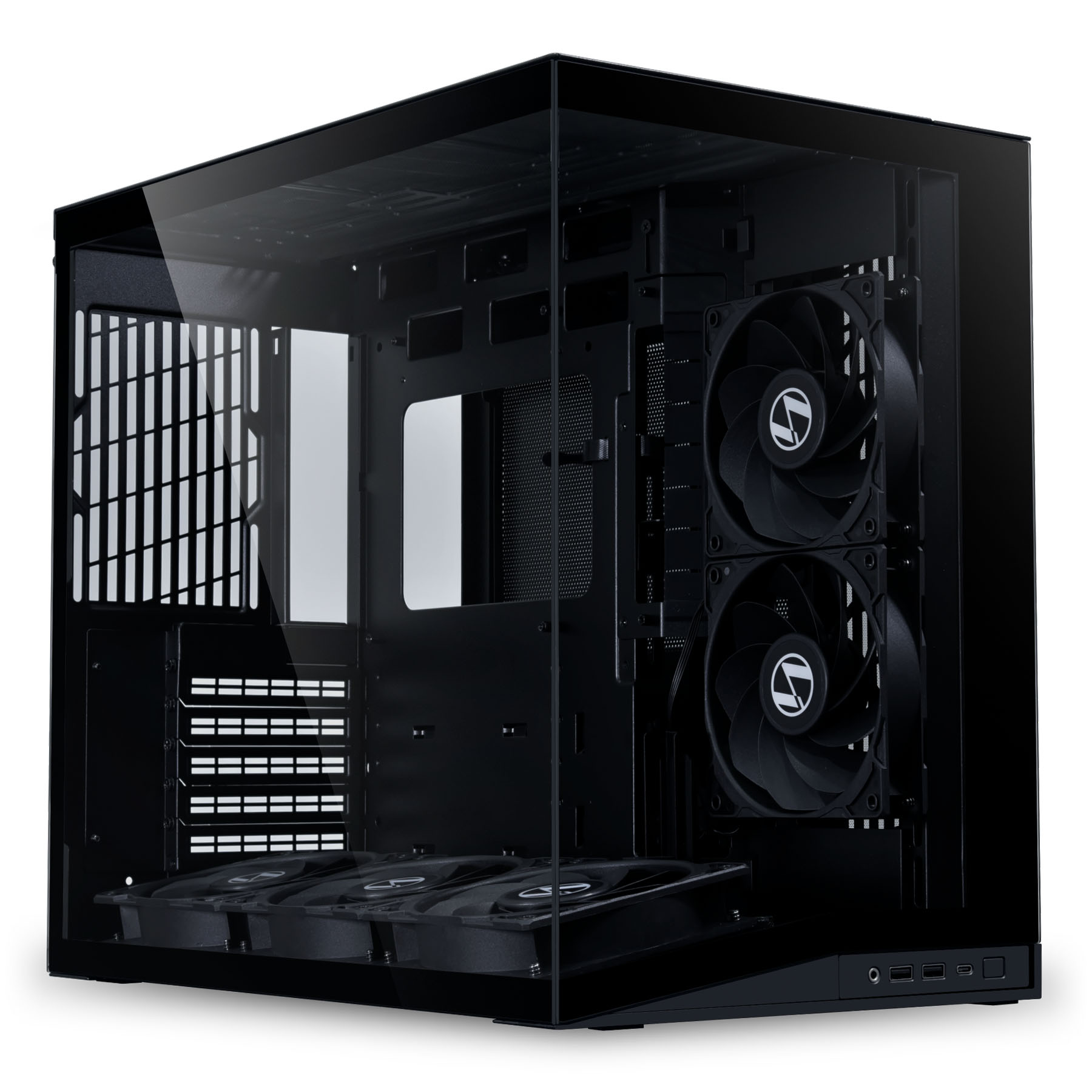 Schwarzes Computergehäuse mit Glasfront und Lüftern.