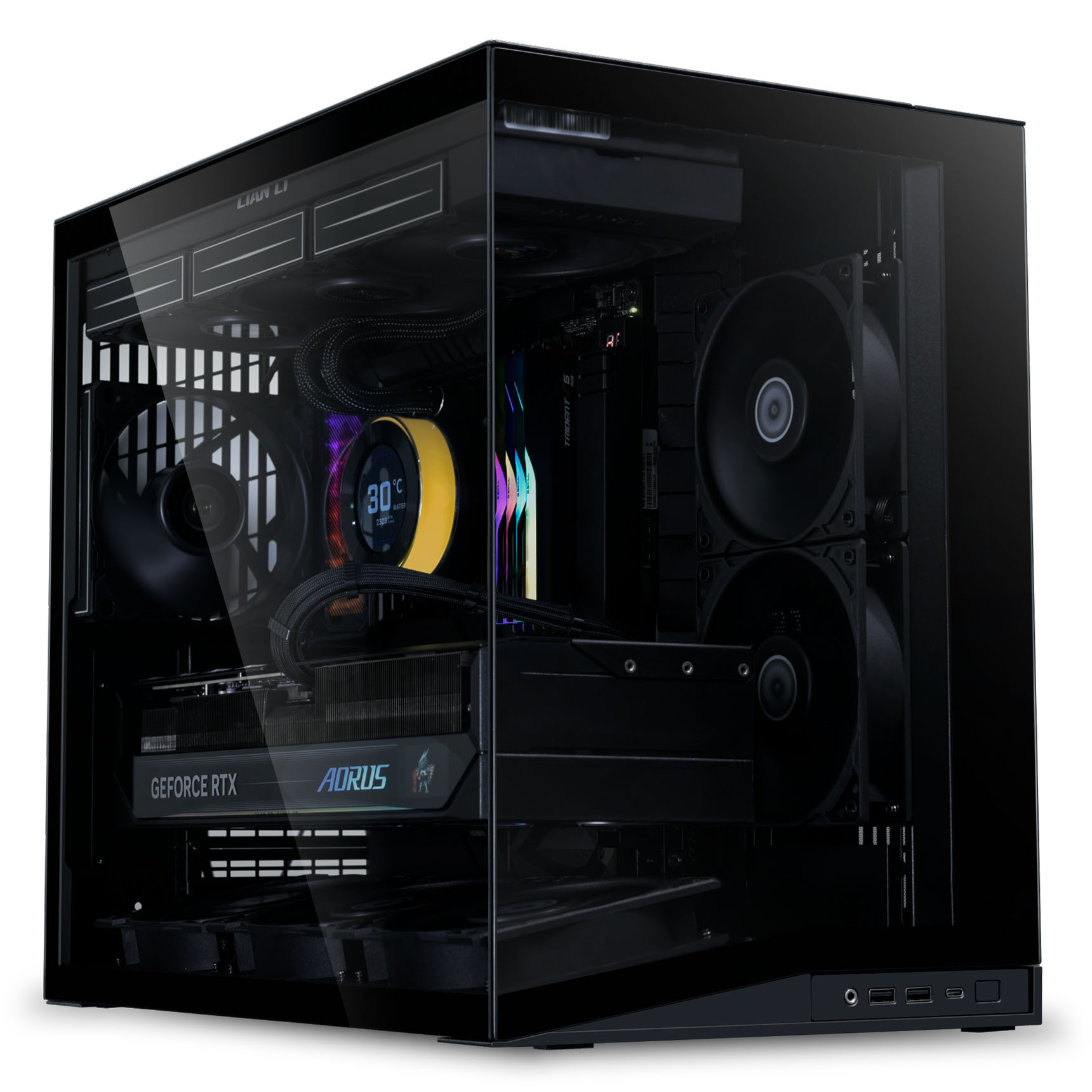 Ein schwarzer PC-Turm mit Glasfront, Lüftern, Wasserkühlung und Grafikkarte.