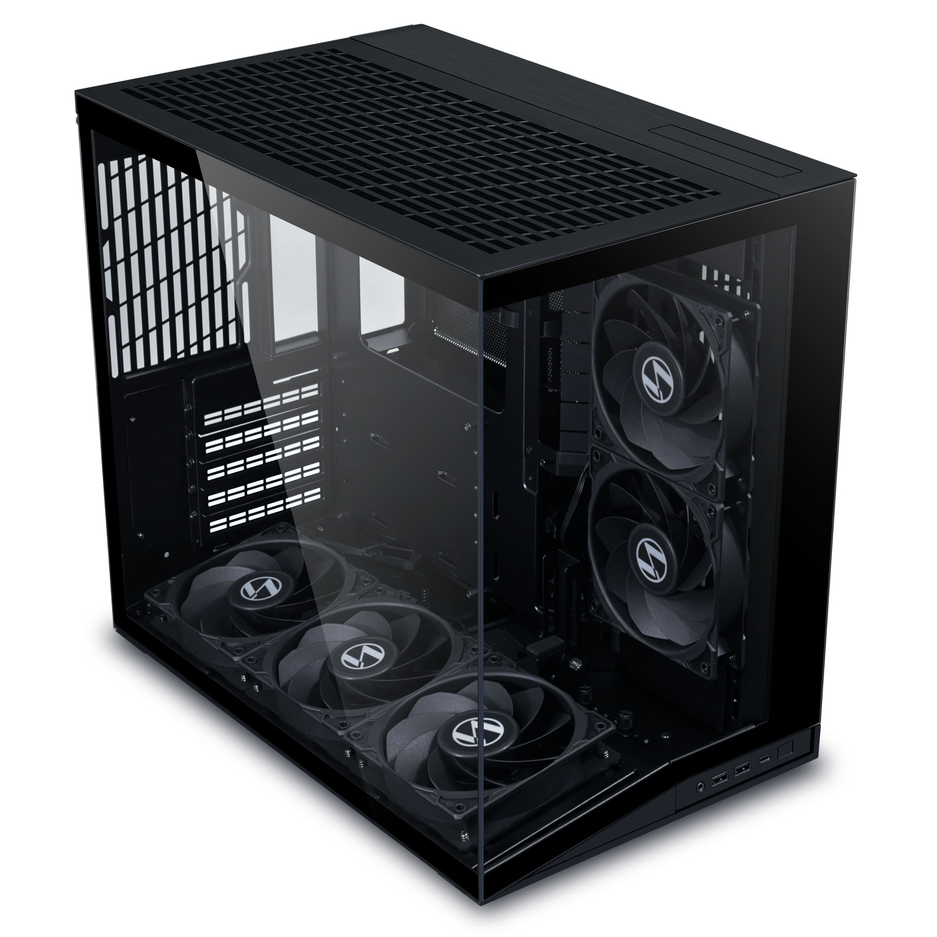 Ein schwarzes PC-Gehäuse mit Glasfront und mehreren Lüftern.