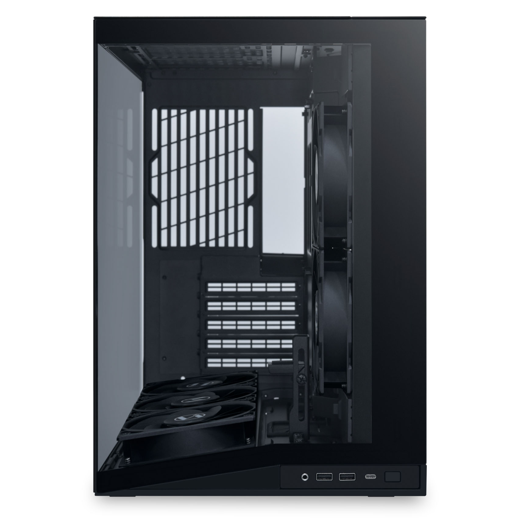 Ein schwarzes Computergehäuse mit sichtbaren Lüftern und Anschlüssen an der Vorderseite.