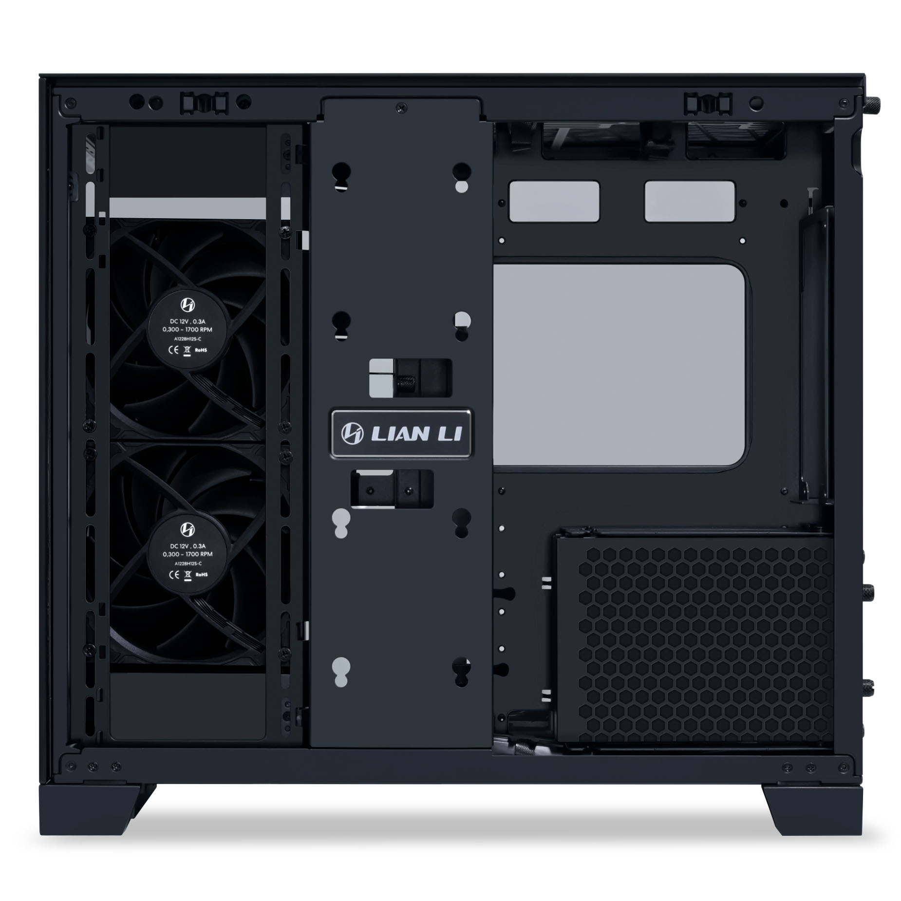 Schwarzes Computergehäuse mit Lüftern, LIA NLI-Logo und Metallgitter.