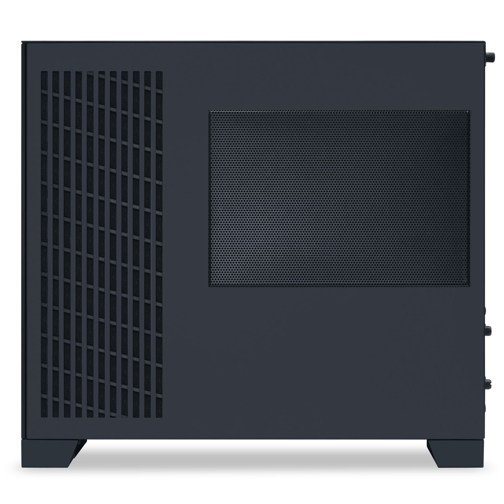 Dunkelgraues Computergehäuse mit Lüftungsschlitzen und Netzteilanschlüssen.