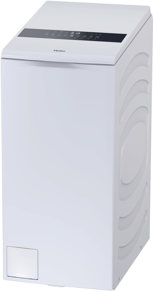 Una lavatrice Haier bianca con display digitale e pannello di controllo.
