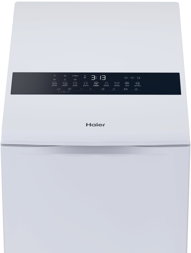Lavatrice bianca Haier con display digitale e selezione programmi.