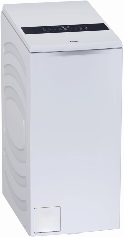 Una lavatrice Haier bianca con pannello di controllo e display digitale.