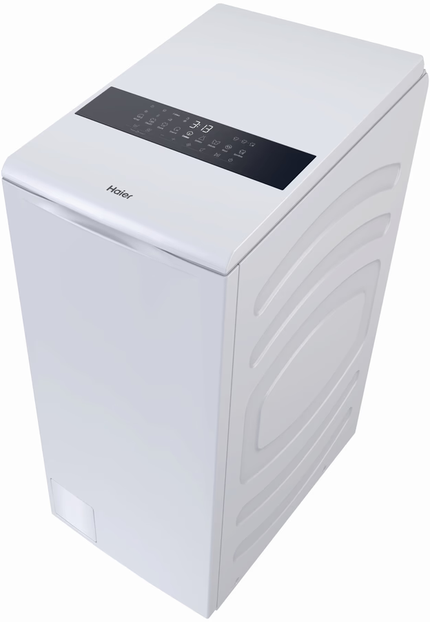 Una lavatrice Haier bianca con pannello di controllo digitale sul coperchio.