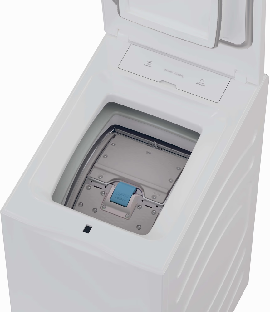 Una lavatrice bianca a carica dall'alto con oblò aperto, che mostra il dispenser del detersivo.