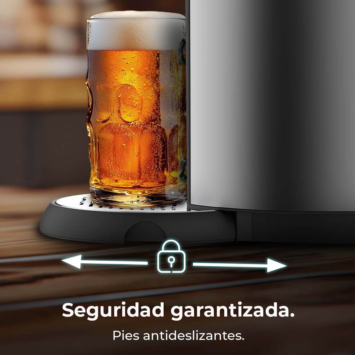 Un vaso de cerveza está en un grifo con un icono de candado.