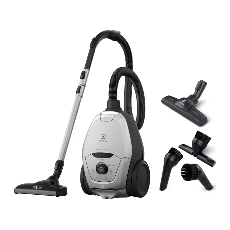 Un aspirateur argenté et gris avec accessoires, y compris brosses et embouts.