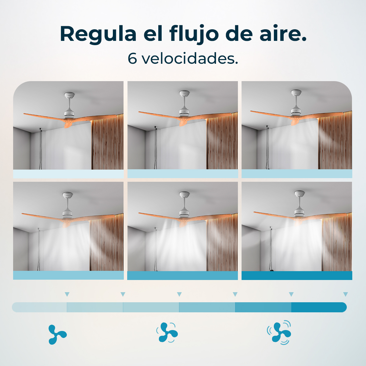 Ventilador de techo con aspas de madera muestra flujo de aire en 6 velocidades.