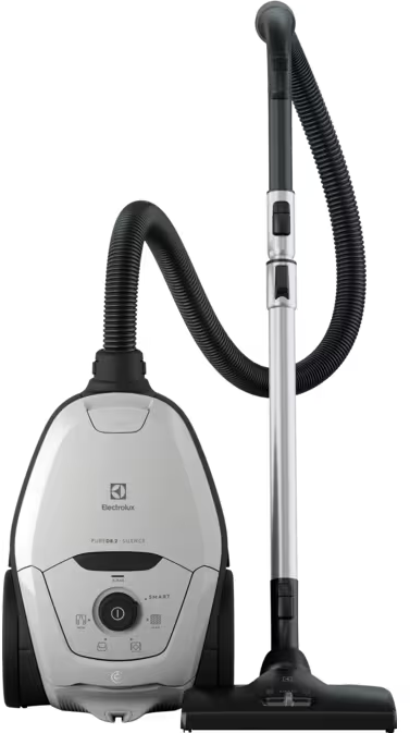 Un aspirateur argenté avec un tuyau et un manche noirs.
